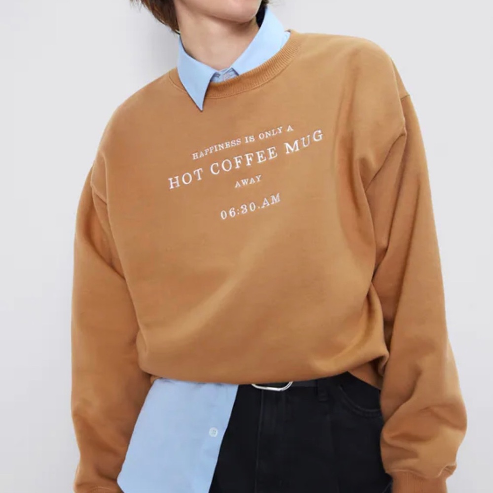 Zara Camel Brown Crewneck Sweatshirt with White Print